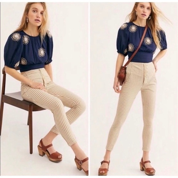 Free People Pants - Free People Frankie Tan White Striped High Rise Button Fly Skinny Pants Size 0